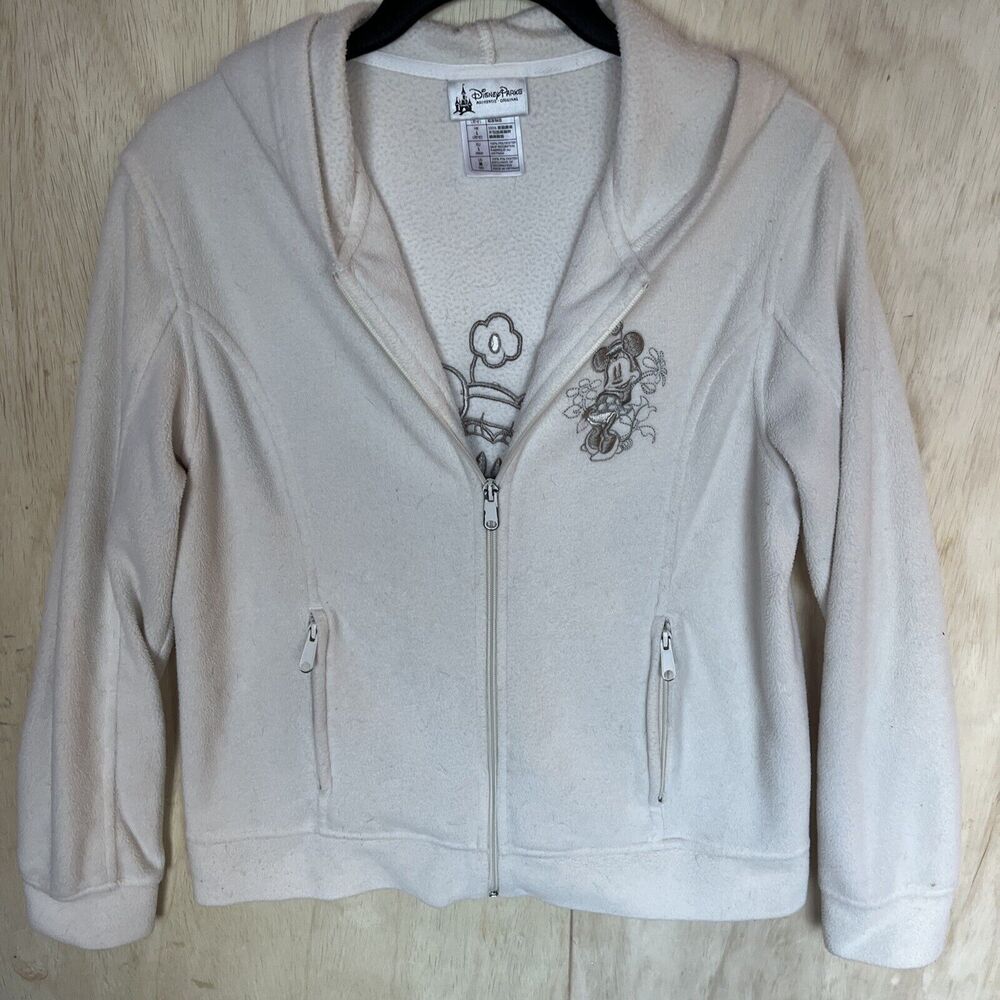 Disney Parks Womens Medium Minnie Mouse Ivory Fleece Hoodie Full Zip Stitched